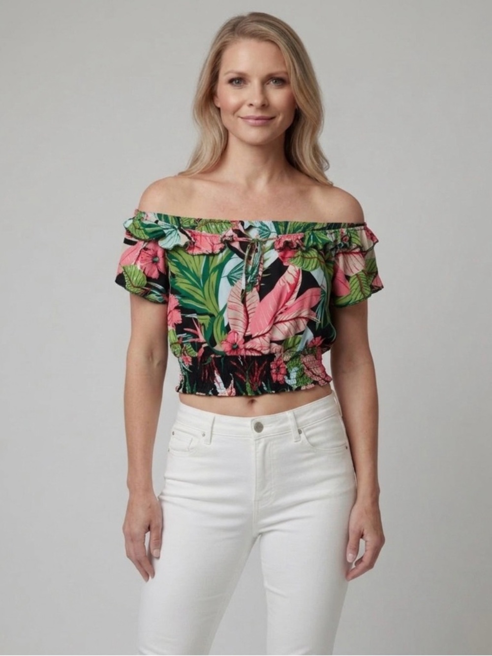 Delicious Black & Pink Tropical Off-Shoulder Crop Top